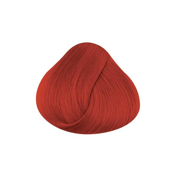 A textured hair swatch showing a vibrant, warm red hair color, isolated on a solid white background.