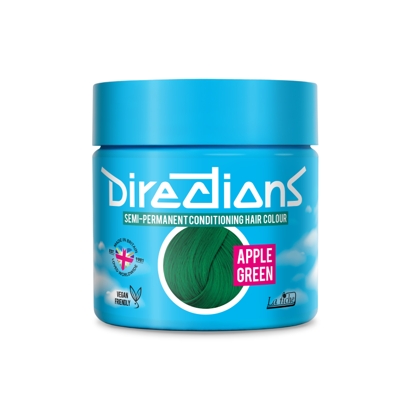 A jar of Directions Semi-Permanent Conditioning Hair Colour in the Apple Green shade, featuring a bright blue container with a green hair swatch and a pink 'APPLE GREEN' label on a white background.