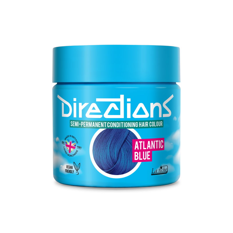 A blue plastic jar of Directions Semi-Permanent Conditioning Hair Colour in the shade Atlantic Blue, shown on a clean white background.