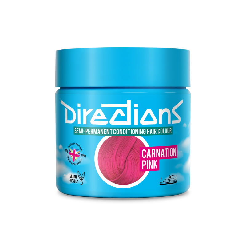 A jar of Directions Semi-Permanent Conditioning Hair Colour in Carnation Pink, featuring a bright blue container with a matching blue lid and a pink hair swatch graphic on the front.