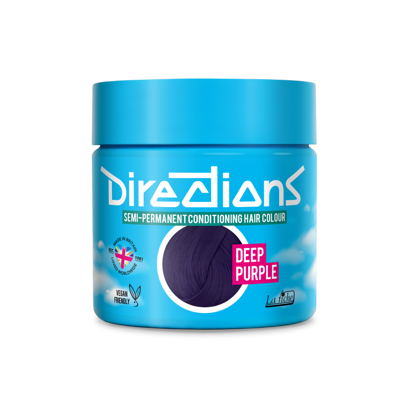 A jar of Directions Semi-Permanent Conditioning Hair Colour in the shade Deep Purple, shown on a clean white background.