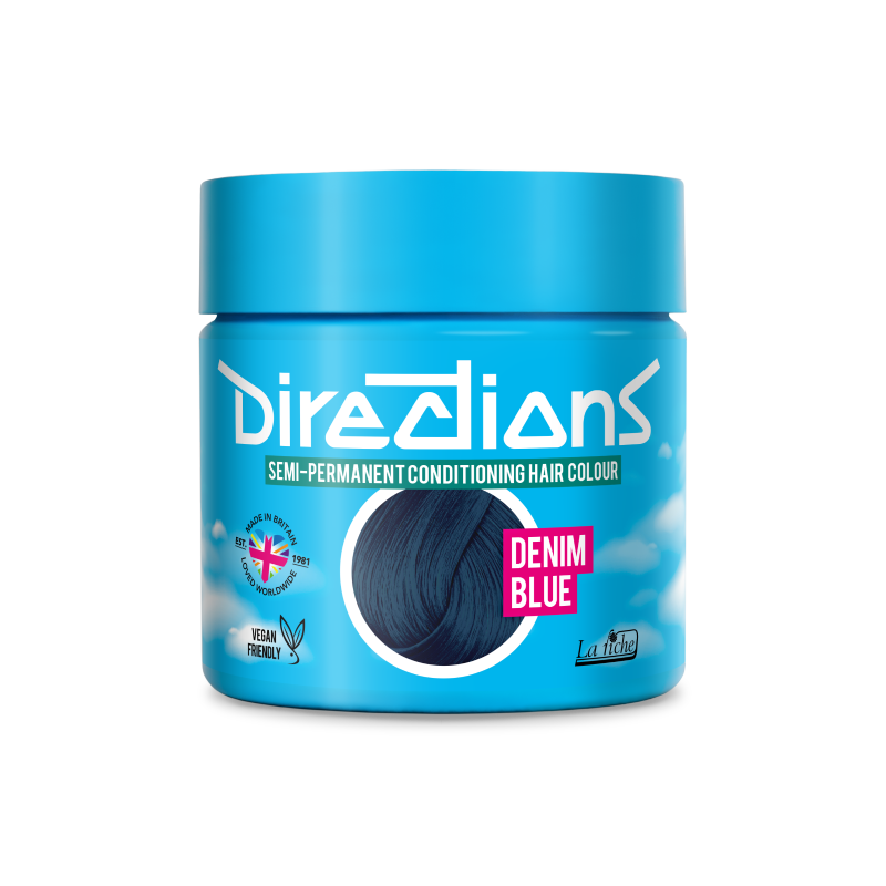 A jar of Directions Semi-Permanent Conditioning Hair Colour in the shade 'Denim Blue', featuring a bright blue container with a dark blue hair color swatch on the front label.