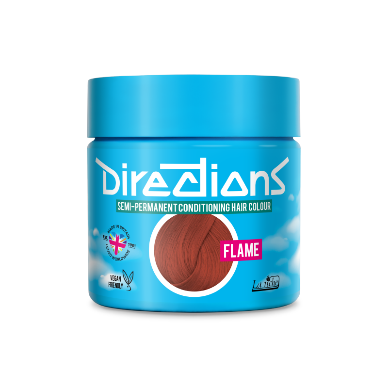 A blue jar of Directions Semi-Permanent Conditioning Hair Colour in the shade 'Flame', featuring a brown hair swatch on the label.