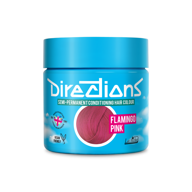A blue plastic jar of Directions Semi-Permanent Conditioning Hair Colour in the shade Flamingo Pink, shown against a plain white background.