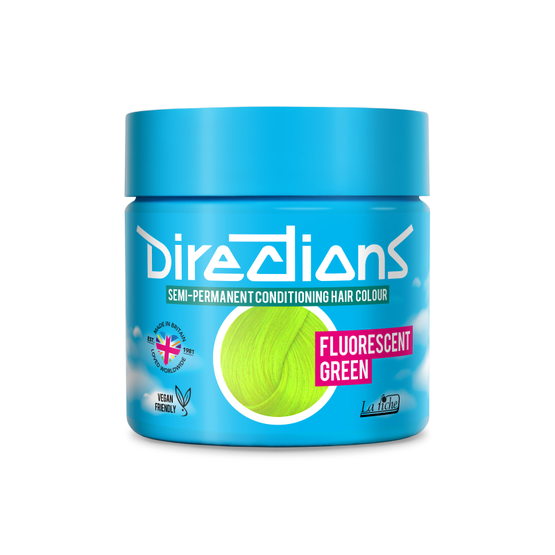 A jar of Directions Semi-Permanent Conditioning Hair Colour in the Fluorescent Green shade, featuring a bright blue container with a matching blue lid and a graphic of neon green hair on the label.
