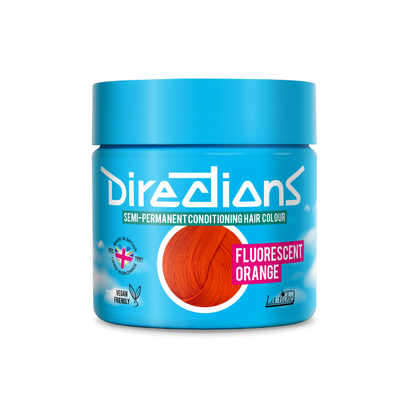 A jar of Directions Semi-Permanent Conditioning Hair Colour in the shade Fluorescent Orange, featuring a bright blue container with a circular orange hair sample graphic.