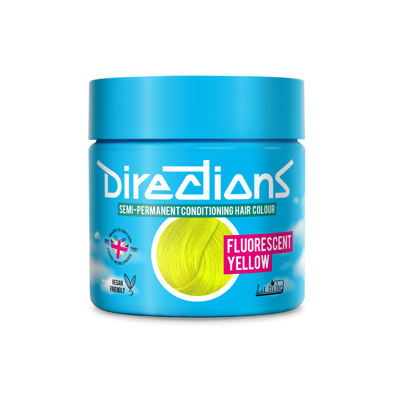 A blue jar of Directions Semi-Permanent Conditioning Hair Colour in the shade Fluorescent Yellow, shown on a clean white background.
