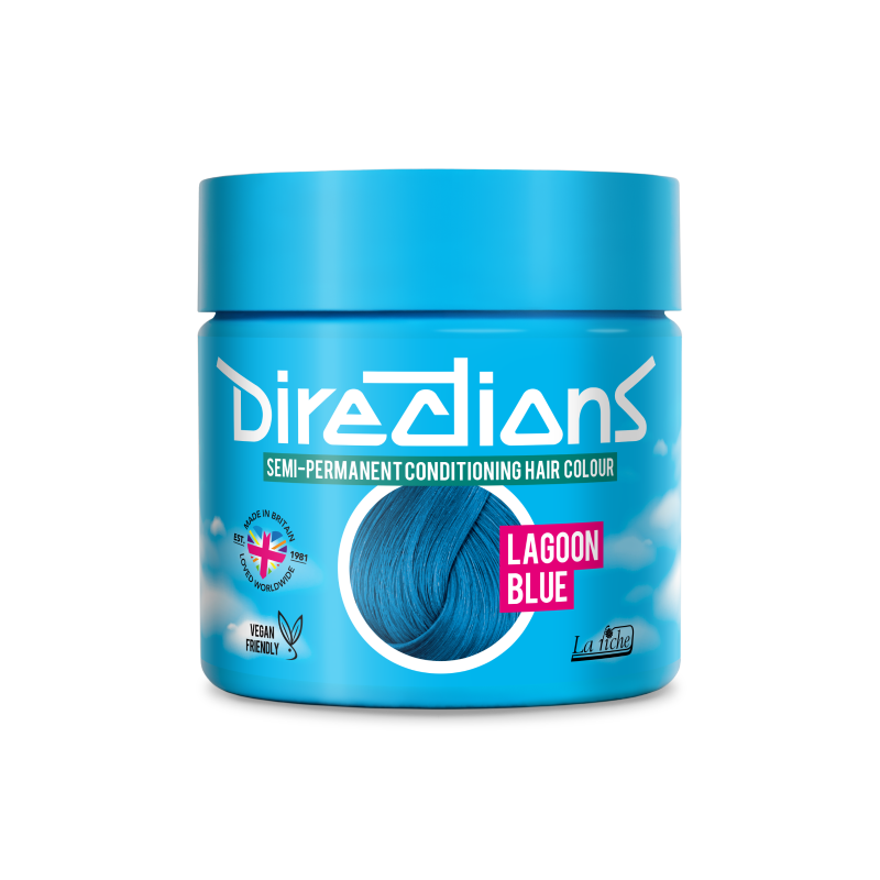 A blue plastic jar of Directions Semi-Permanent Conditioning Hair Colour in the Lagoon Blue shade, shown against a plain white background.
