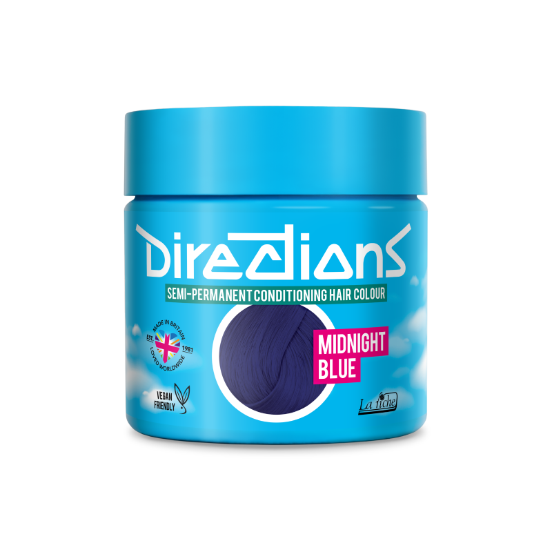 A blue jar of Directions Semi-Permanent Conditioning Hair Colour in the shade Midnight Blue, shown on a clean white background.