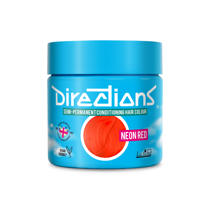 A blue jar of Directions Semi-Permanent Conditioning Hair Colour in the shade Neon Red, shown on a clean white background.