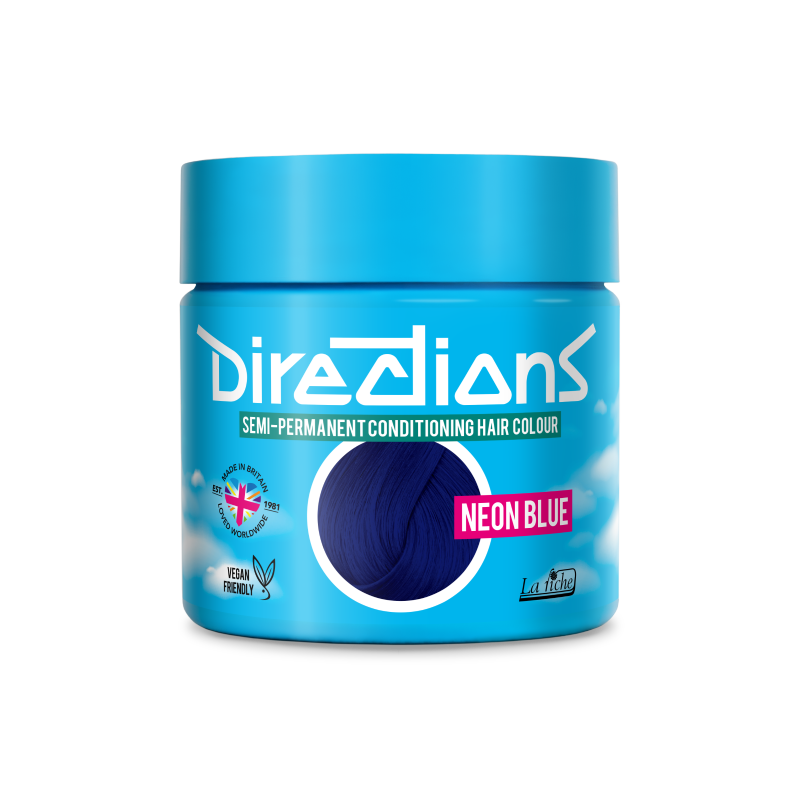 A blue jar of Directions Semi-Permanent Conditioning Hair Colour in the shade Neon Blue, shown on a clean white background.