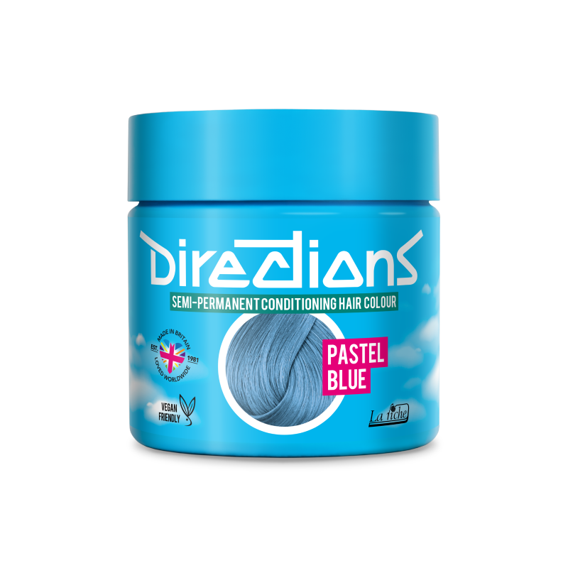 A blue plastic jar of Directions Semi-Permanent Conditioning Hair Colour in the shade Pastel Blue, shown on a clean white background.