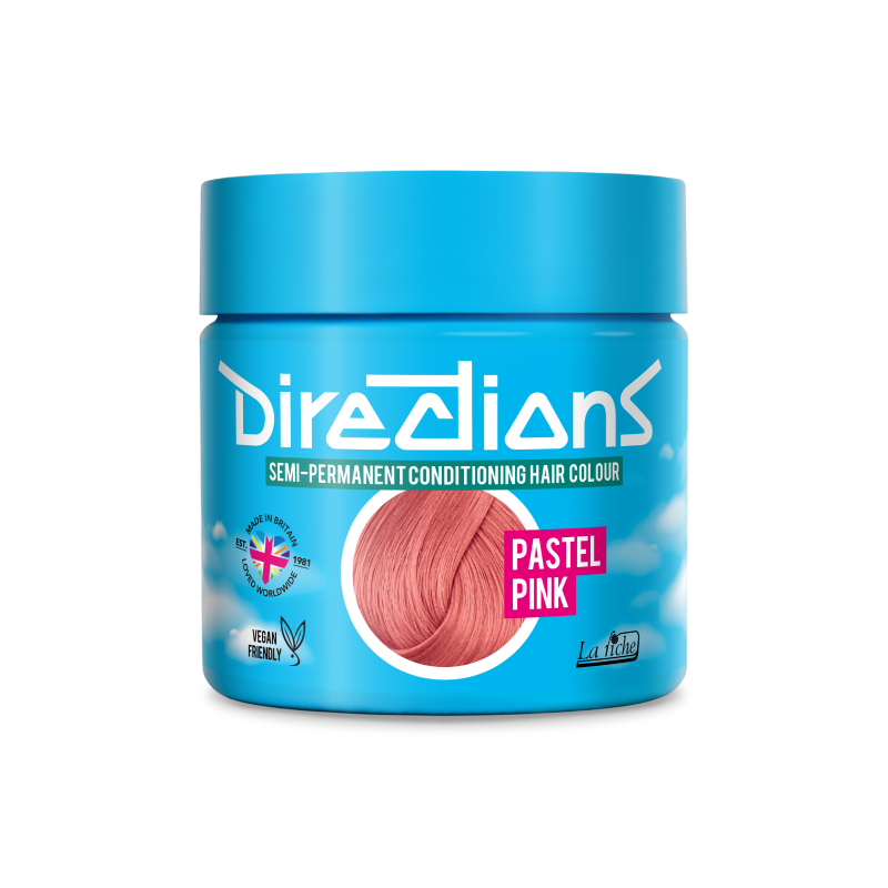 A jar of Directions Semi-Permanent Conditioning Hair Colour in the shade Pastel Pink, featuring a bright blue container with a pink hair swatch on the label.