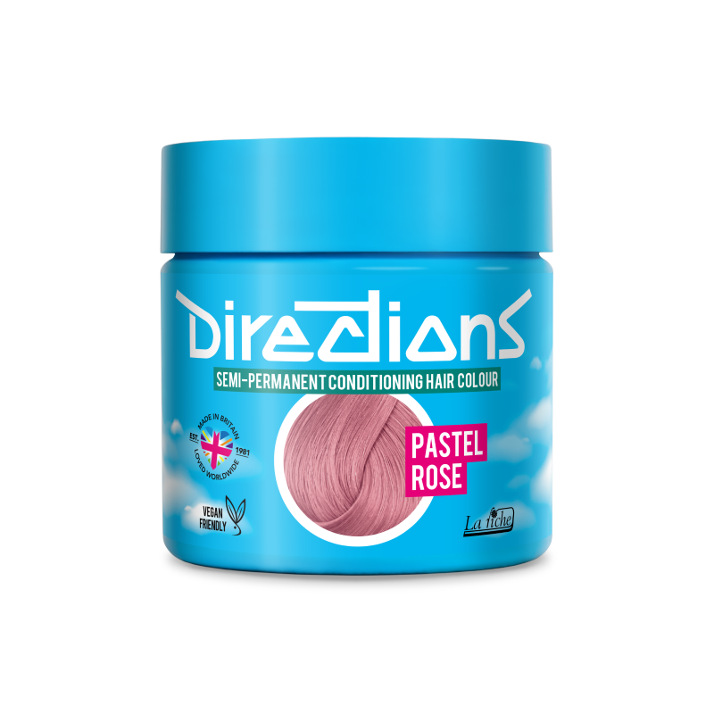 A jar of Directions Semi-Permanent Conditioning Hair Colour in the shade 'Pastel Rose', featuring a bright blue container with a pink hair swatch on the label.