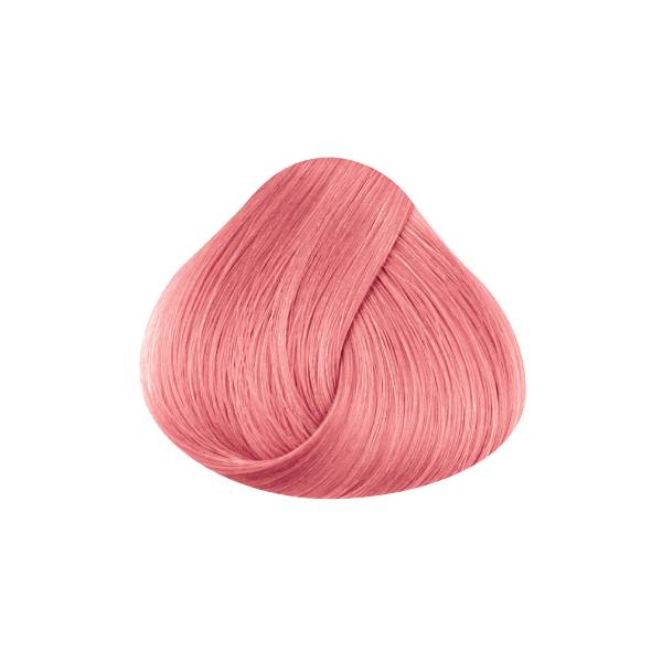 A single swirled tuft of pink hair centered on a plain white background, likely representing a hair color shade.