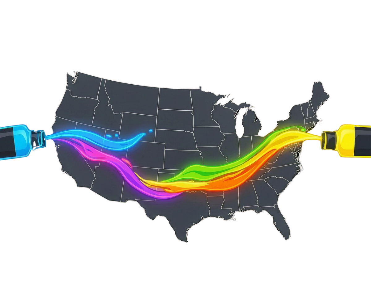 A stylized map of the United States with a rainbow-colored flow running across it, shown between two marker-like blue and yellow ends on a white background.